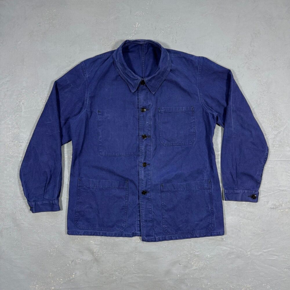 Vintage French Workwear Herringbone Twill Jacket Bleu de Travail Fits Men's M
